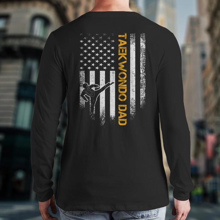 Vintage USA Flag Korea Taekwondo Training Dad Silhouette Long Sleeve T-Shirt Back Print