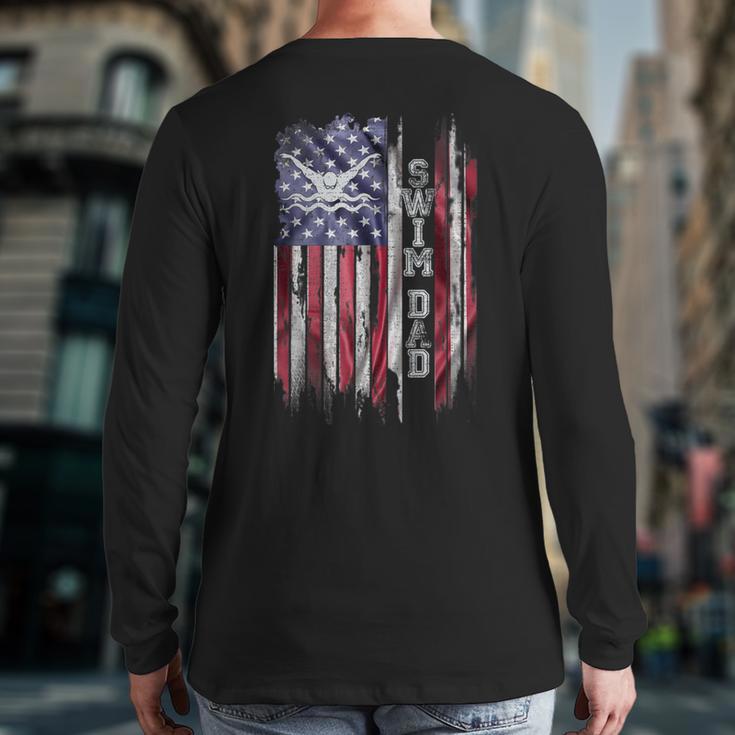 Vintage USA Flag Proud Swimming Dad Swim Swimmer Silhouette Long Sleeve T-Shirt Back Print