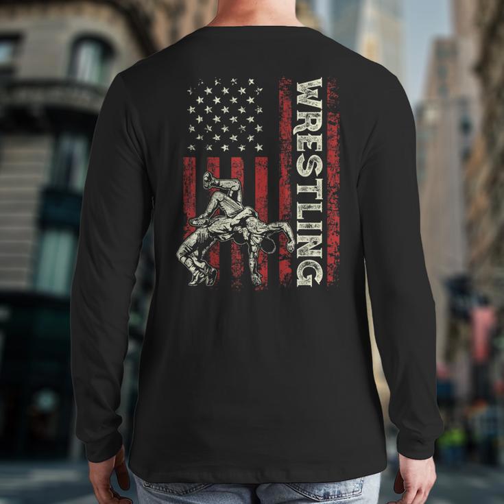 Wrestling US Flag Dad Wrestler Patriotic 4th Of July Long Sleeve T-Shirt Back Print