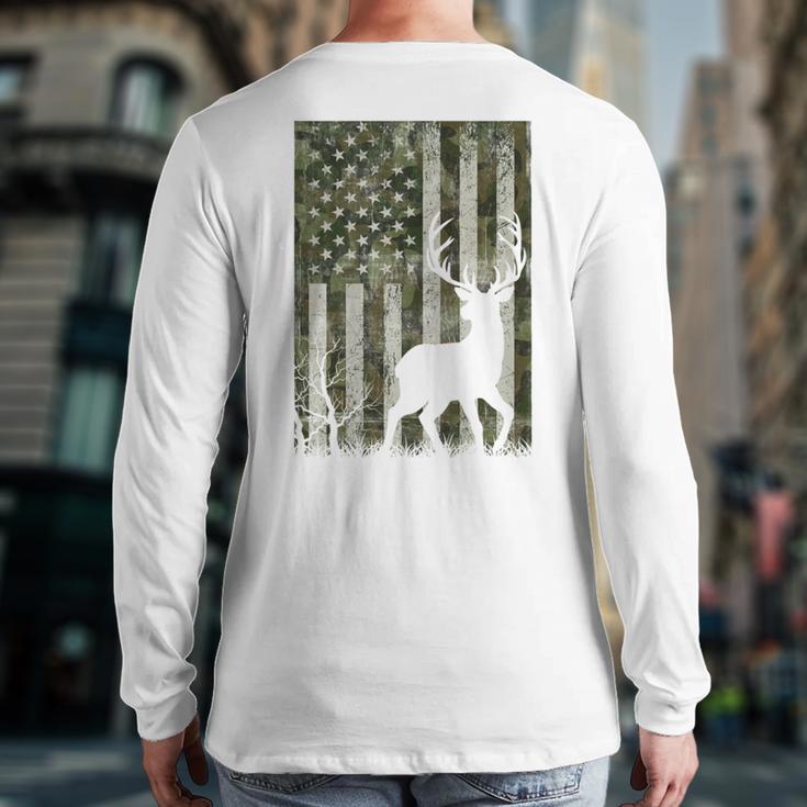 US Flag Deer Elk Buck Camoflage Hunting Hunter Dad Grandpa Long Sleeve T-Shirt Back Print