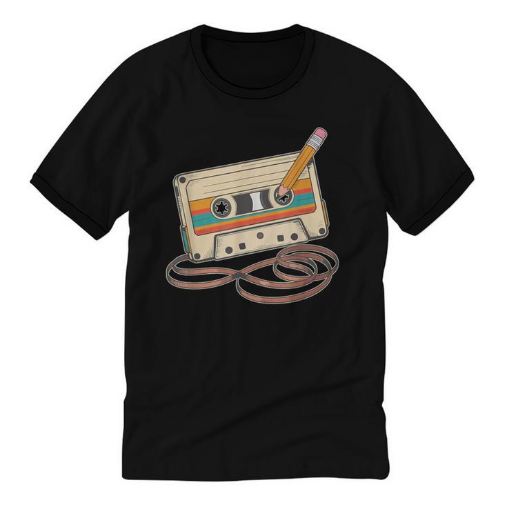 80s 90s Retro Party Costume Nostalgia Cassette Tape Pencil Unisex Cotton Ringer T-Shirt