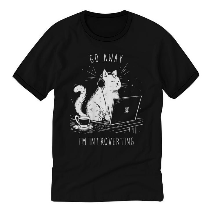 Antisocial Introvert Cat With Coffee On Computer Emo Goth Unisex Cotton Ringer T-Shirt