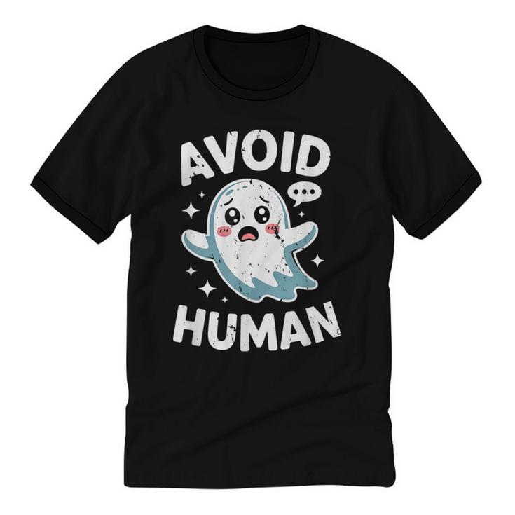 Avoid Humans Cute Kawaii Pastel Ghost Introvert Saying Unisex Cotton Ringer T-Shirt