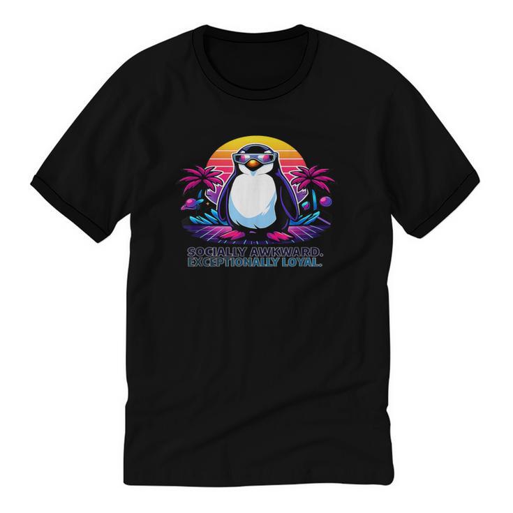 Awkward But Loyal Penguin Synthwave Vapowave Introvert Unisex Cotton Ringer T-Shirt