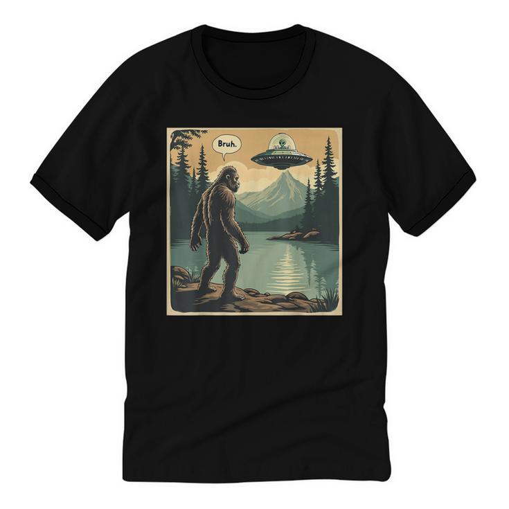 Bigfoot Sasquatch Alien Spaceship UFO Introvert Bruh Unisex Cotton Ringer T-Shirt