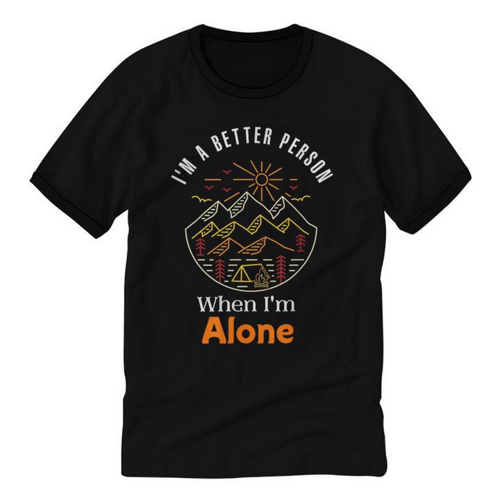 Camping Alone Meme Campfire Introvert Camper Unisex Cotton Ringer T-Shirt