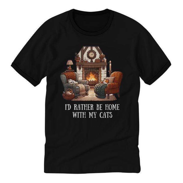 Cat Lover I'd Rather Be Home With My Cats Introvert Cozy Unisex Cotton Ringer T-Shirt