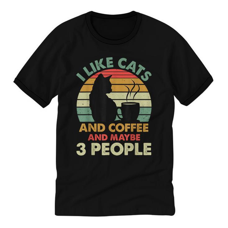 Cats Coffee & 3 People Tee Cute Font Introvert Humor Unisex Cotton Ringer T-Shirt