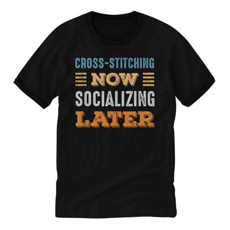 Cross-Stitching Now Minimal Socializing Introvert Vintage Unisex Cotton Ringer T-Shirt