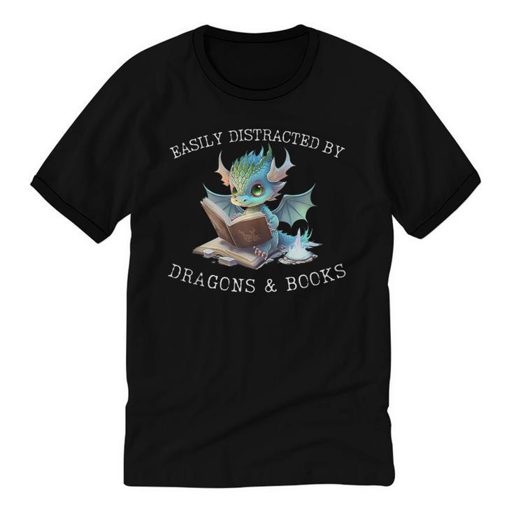 Easily Distracted By Dragons And Books Introvert Shirt Unisex Cotton Ringer T-Shirt