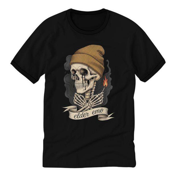 Elder Emo Skeleton Beanie Nostalgia Scene Aesthetic Unisex Cotton Ringer T-Shirt