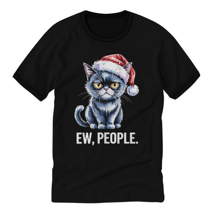 Ew People Cat Christmas Introvert Holiday Humor Unisex Cotton Ringer T-Shirt