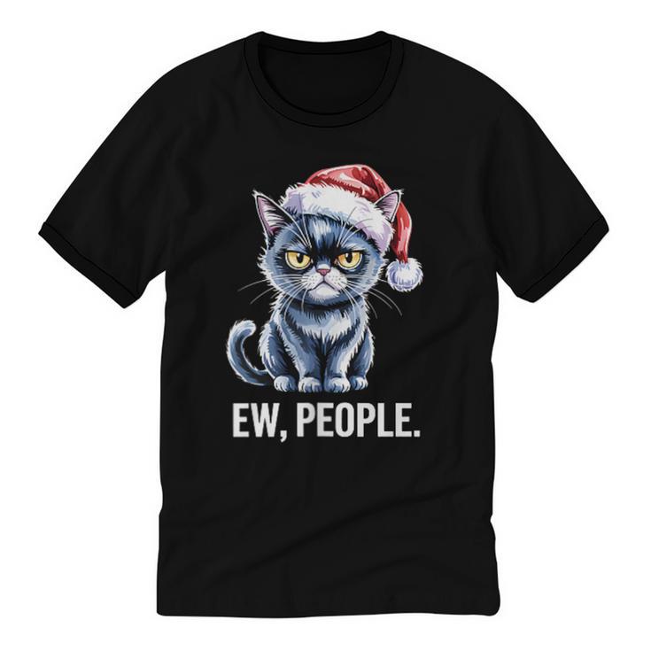Ew People Christmas Cat Santa Hat Dad Introvert Unisex Cotton Ringer T-Shirt