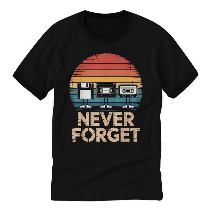 Floppy VHS Cassette Never Forget Retro 80s 90s Nostalgia Unisex Cotton Ringer T-Shirt