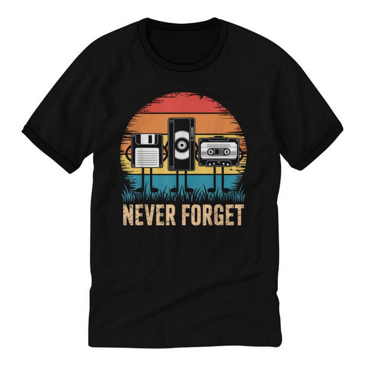 Never Forget Retro 80s 90s Floppy VHS Cassette Nostalgia Unisex Cotton Ringer T-Shirt