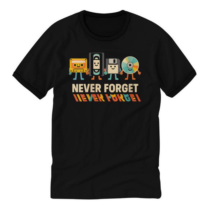 Never Forget Retro Cassette VHS Floppy CD Nostalgia Humor Unisex Cotton Ringer T-Shirt