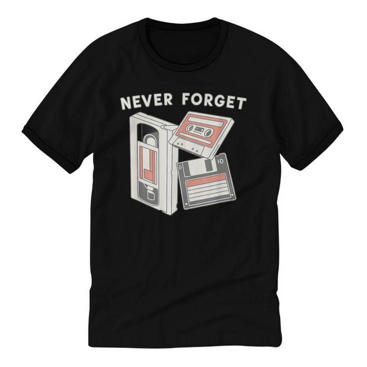 Never Forget VHS Tape Cassette Floppy Disk Nostalgia 80s 90s Unisex Cotton Ringer T-Shirt