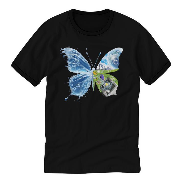 Frutiger Aero Aesthetic Butterfly Computer Fishes Scenery Unisex Cotton Ringer T-Shirt