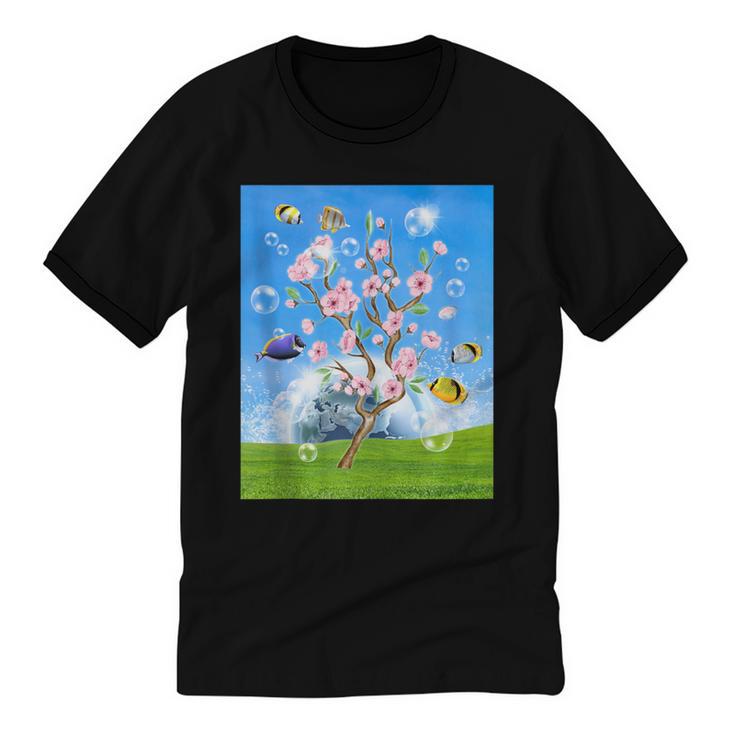Frutiger Aero Aesthetic Tech Cherry Blossom Fishes Bubbles Unisex Cotton Ringer T-Shirt