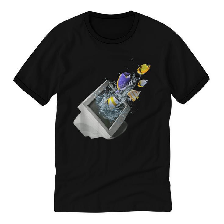 Frutiger Aero Aesthetic Tech Computer Aquarium Fishes Unisex Cotton Ringer T-Shirt