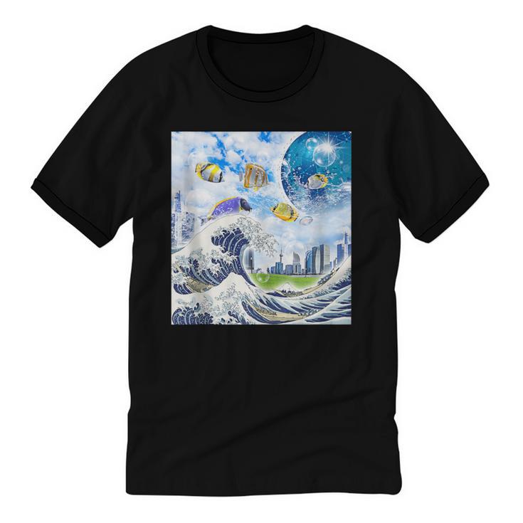Frutiger Aero Aesthetic Tech Great Wave Of Kanagawa Fishes Unisex Cotton Ringer T-Shirt