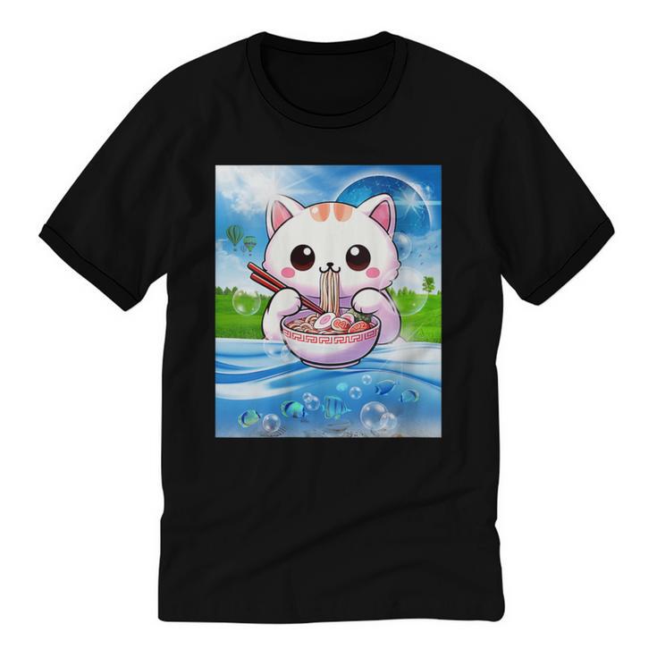 Frutiger Aero Aesthetic Tech Kawaii Ramen Cat Fishes Unisex Cotton Ringer T-Shirt