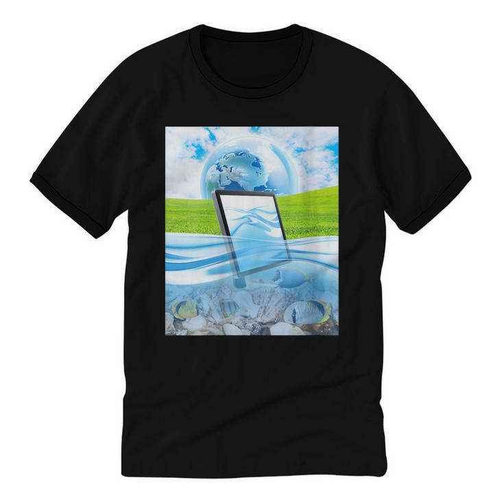 Frutiger Aero Aesthetic Tech Water Fishes Monitor Screen Unisex Cotton Ringer T-Shirt