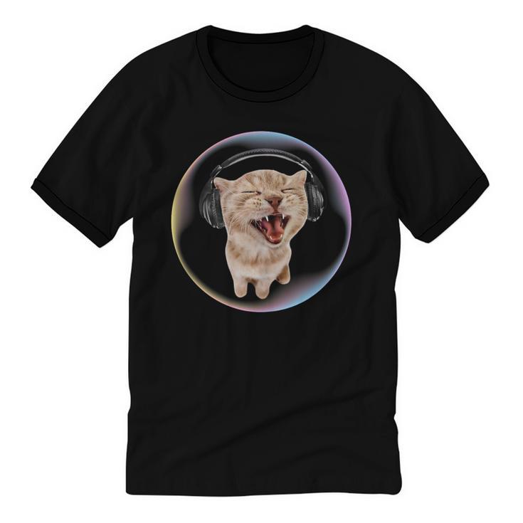 Frutiger Aero Cat Wearing Headphones Bubble 2000s Gen-Z Meme Unisex Cotton Ringer T-Shirt