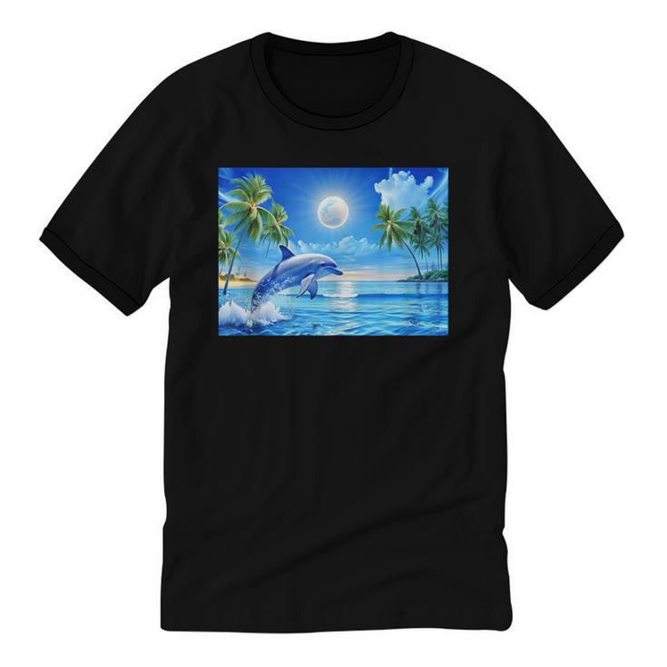 Frutiger Aero Dolphin Sunset Ocean With Palm Trees Y2k Unisex Cotton Ringer T-Shirt