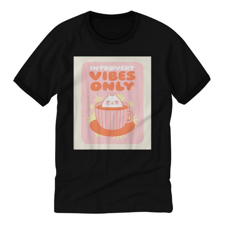 Fun Cool Cute Introvert Cat Character Quote Tea Cup For Men Women Unisex Cotton Ringer T-Shirt