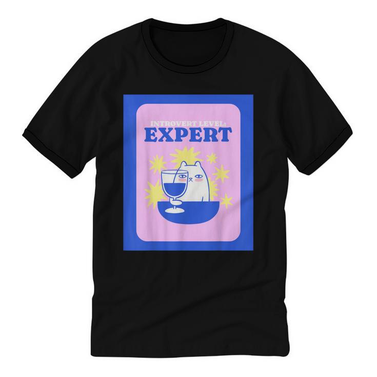 Fun Cute Introvert Cat Character With Wine Unisex Cotton Ringer T-Shirt