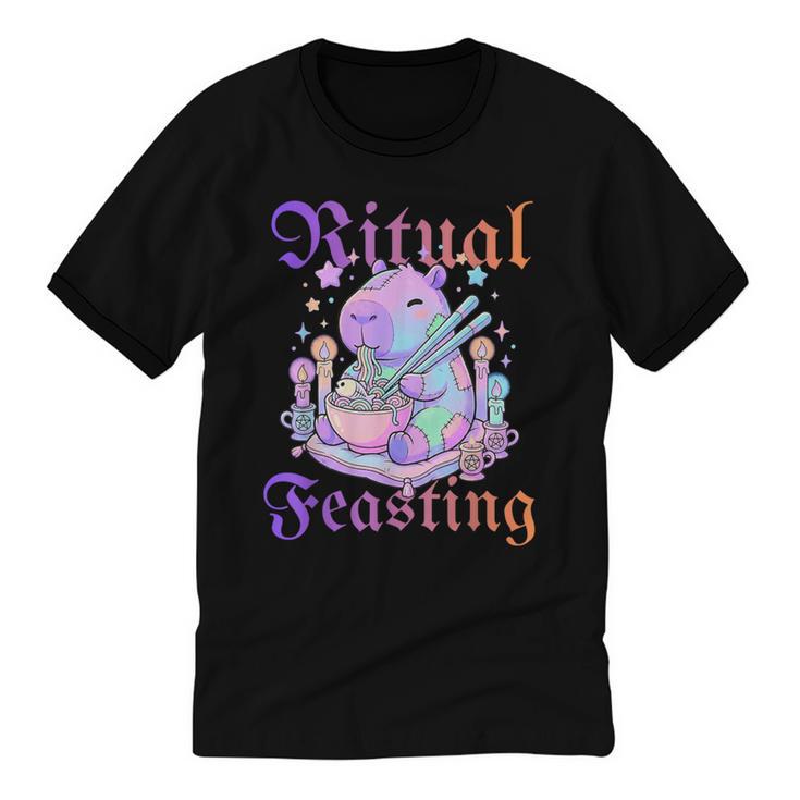 Goth Capybara Ramen Ritual Feasting Soft Introvert Art Unisex Cotton Ringer T-Shirt