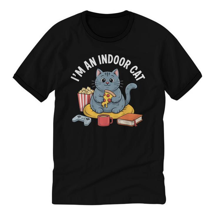 I'm An Indoor Cat Introvert Pizza Popcorn Book Gamer Cat Unisex Cotton Ringer T-Shirt