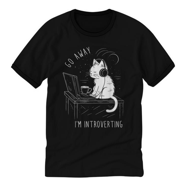 Introvert Cat With Coffee On Computer Antisocial Emo Goth Unisex Cotton Ringer T-Shirt
