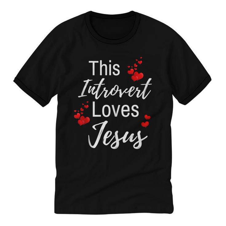 This Introvert Loves Jesus Religious Red Hearts Graphic Unisex Cotton Ringer T-Shirt