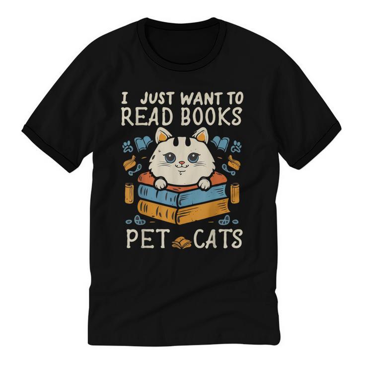 I Just Want To Read Books And Pet Cats Introvert Unisex Cotton Ringer T-Shirt