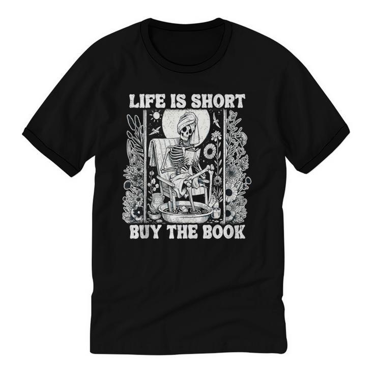 Life Is Short Buy The Book Introvert Skeleton Reading Unisex Cotton Ringer T-Shirt