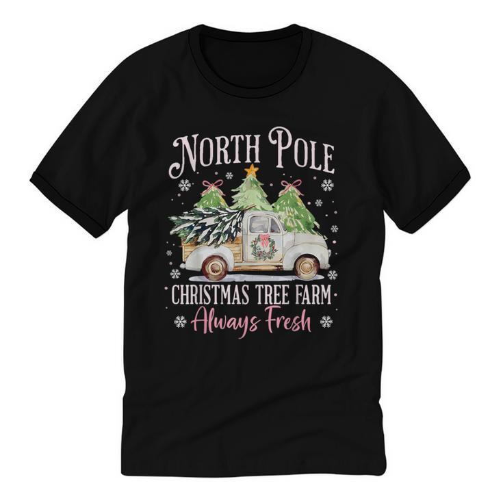 North Pole Tree Farm Merry Christmas Holiday Scene Nostalgia Unisex Cotton Ringer T-Shirt