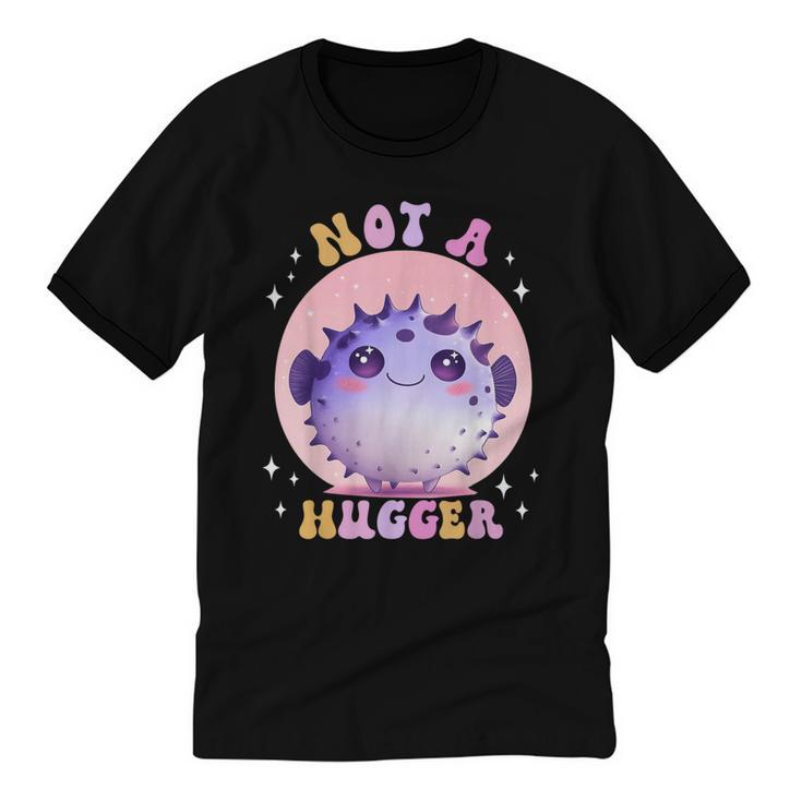 Not a Hugger Cute Pufferfish Autism Awareness Introverts Unisex Cotton Ringer T-Shirt