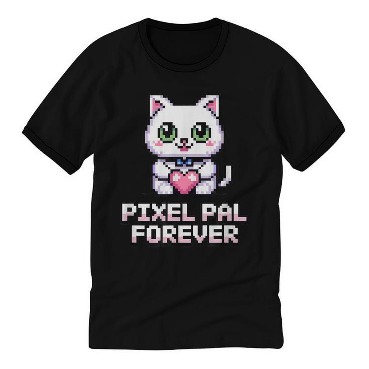 Pixel Art Pet Cat Y2K Retro Vintage Digital Nostalgia Tech Unisex Cotton Ringer T-Shirt