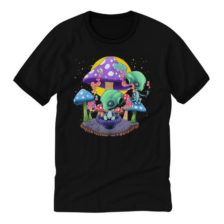 Psychedelic Alien Mushroom Nostalgia Groovy Vibe Hippie Unisex Cotton Ringer T-Shirt