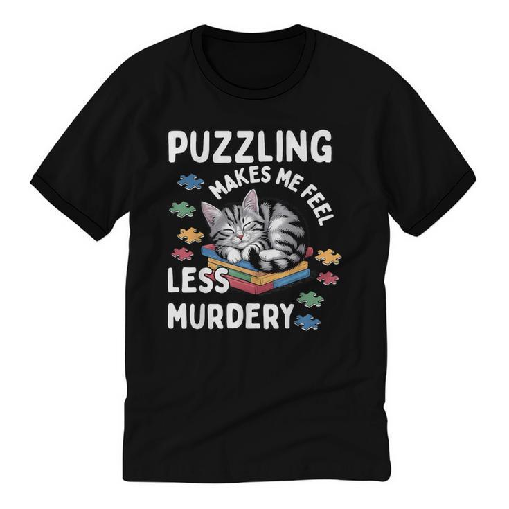 Puzzling Makes Me Feel Less Murdery Introvert Puzzle Cat Unisex Cotton Ringer T-Shirt
