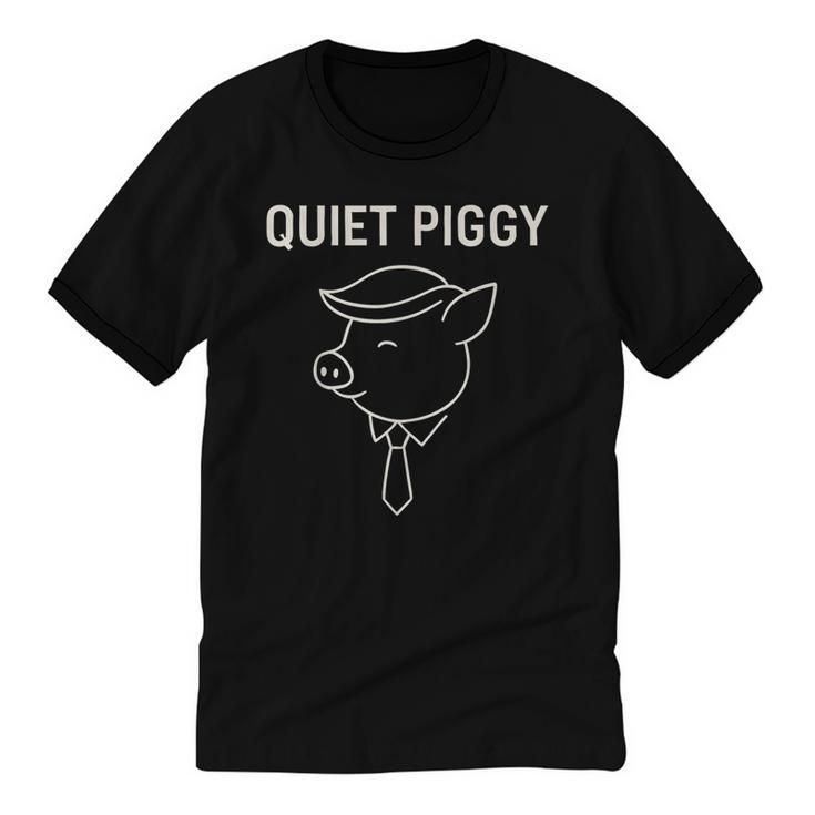 Quiet Piggy Introvert Media Humor Minimalist Line Art Unisex Cotton Ringer T-Shirt
