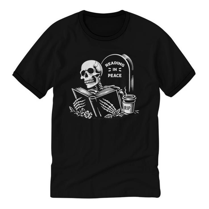 READING IN PEACE RIP Introvert Skeleton Read Book Meme Unisex Cotton Ringer T-Shirt