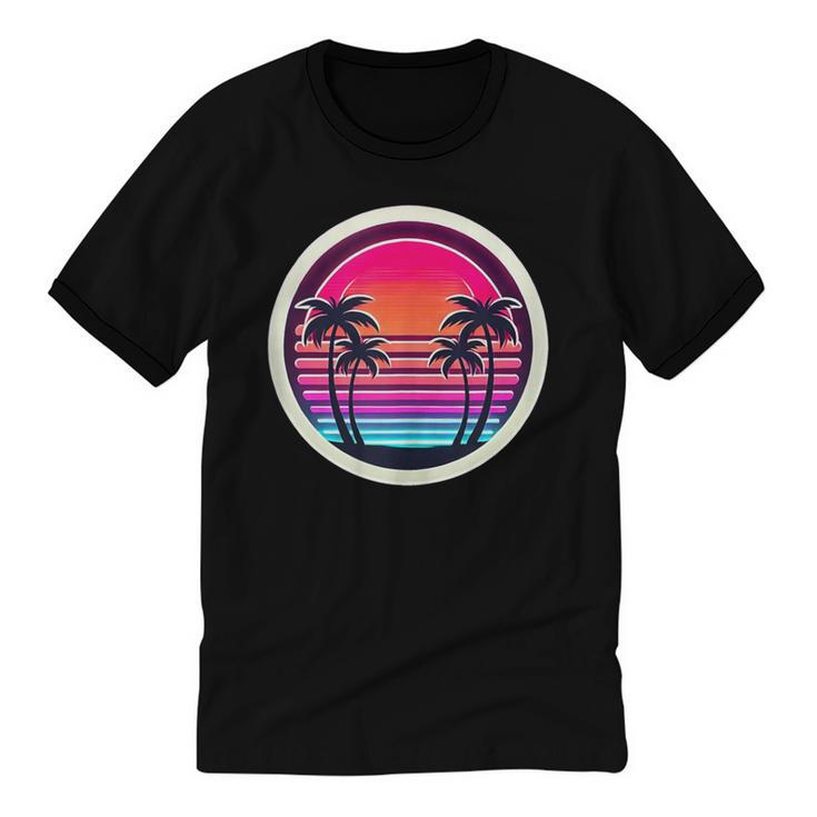 Retro 80s Synthwave Sunset & Palm Trees Retro Nostalgia 80s Unisex Cotton Ringer T-Shirt