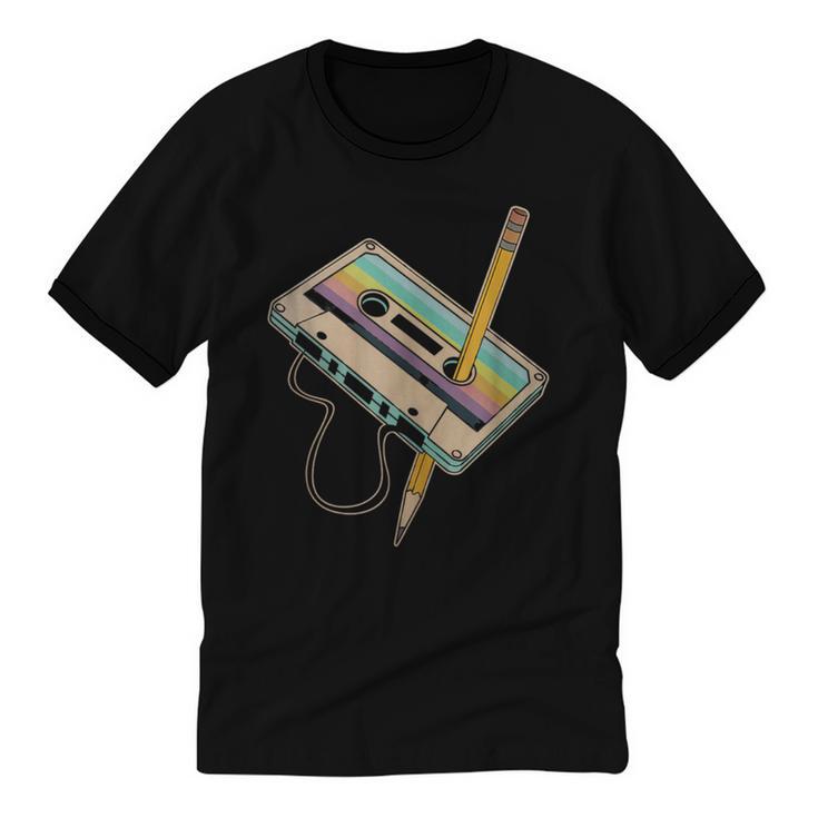 Retro Cassette And Pencil 80s 90s Nostalgia Music Lover Unisex Cotton Ringer T-Shirt