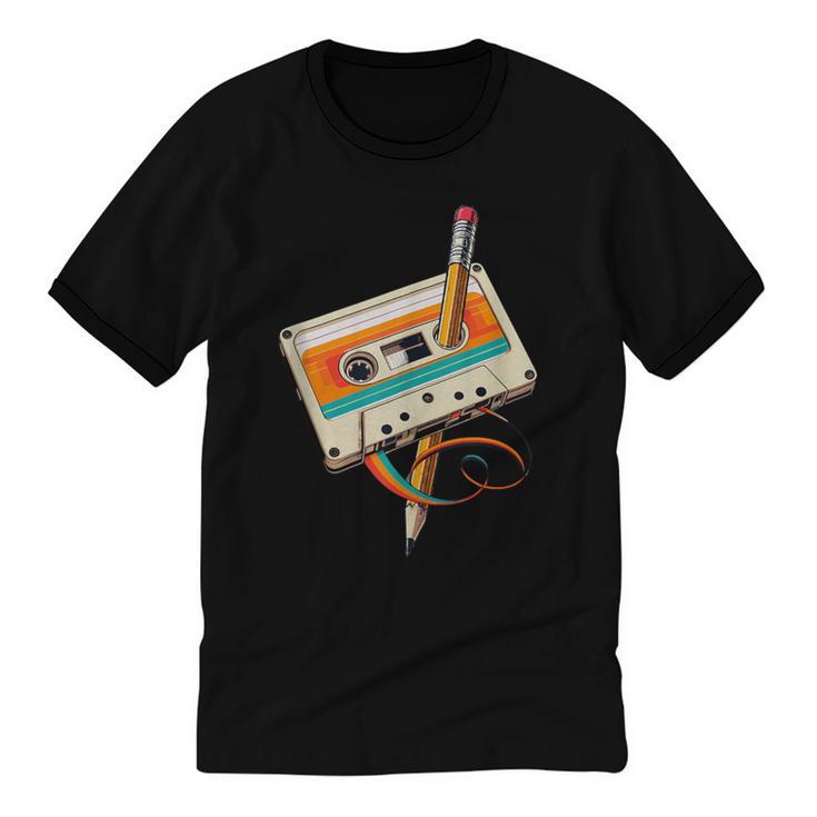 Retro Cassette Tape & Pencil Rewind Nostalgia Party 80s 90s Unisex Cotton Ringer T-Shirt