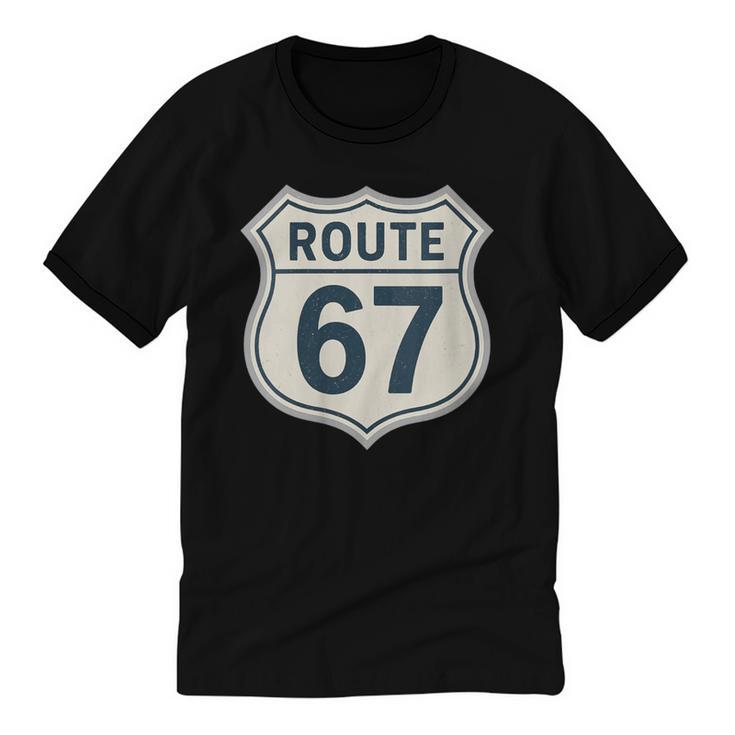 Retro Route 67 Highway Sign Vintage Road Nostalgia Unisex Cotton Ringer T-Shirt