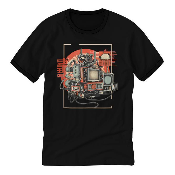 Retro Tech Stack 80s 90s Nostalgia Analog TV Cameras Unisex Cotton Ringer T-Shirt