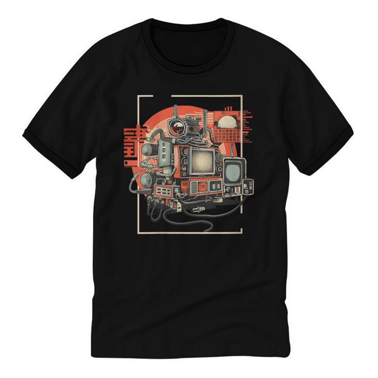 Retro Tech Stack 80s 90s Nostalgia Analog TV Cameras Unisex Cotton Ringer T-Shirt